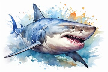 Detailed watercolor shark on plain backdrop. Suitable for various creative purposes. Generative AI