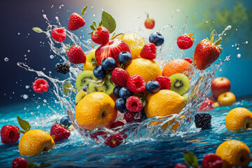 Fresh Mix fruits with water splash background