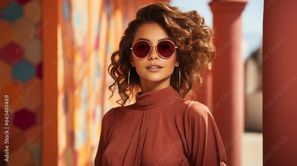 Wall mural Woman Wearing a Brown Top and Sunglasses