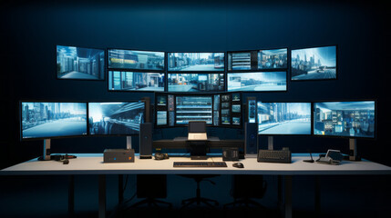 A bank of monitors displays a variety of data, their images constantly shifting and changing