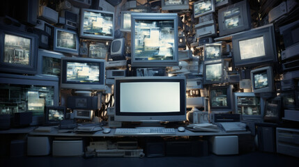 A bank of monitors displays a variety of data, their images constantly shifting and changing