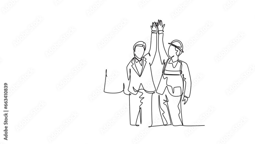 Poster animated self drawing of continuous line draw construction workers and foreman with vest and helmet 