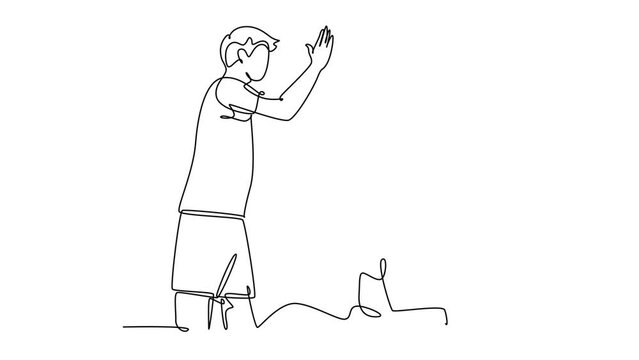 Animated self drawing of continuous line draw two young happy man playing basket ball on outfield court and giving high five gesture. Healthy sport lifestyle concept. Full length single line animation