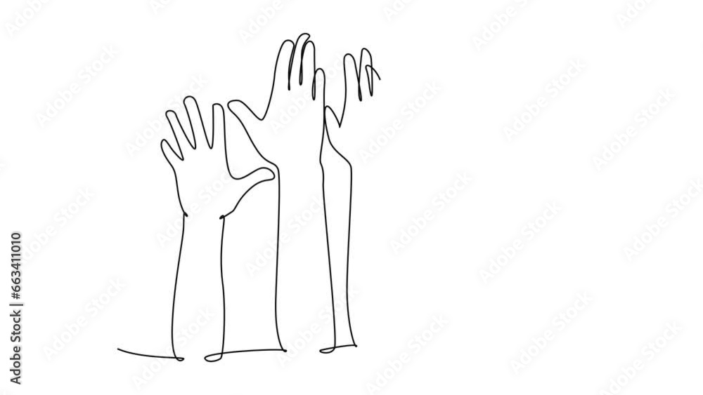 Poster animated self drawing of continuous line draw group of people or human open up and raising their han