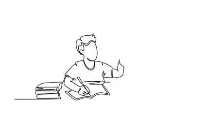 Self drawing animation of single line young happy mother accompany her kid studying and reading a book while give high five gesture. Parenting family care. Continuous line draw. Full length animated