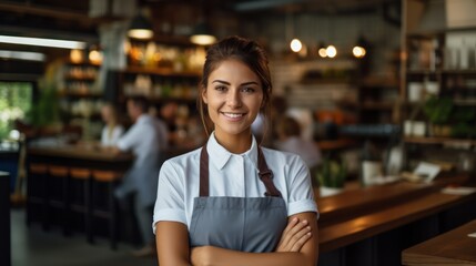 Confident waitress ready for service in a busy restaurant and retail shop