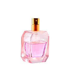Pink glass perfume bottle with golden cap isolated on transparent background, png file