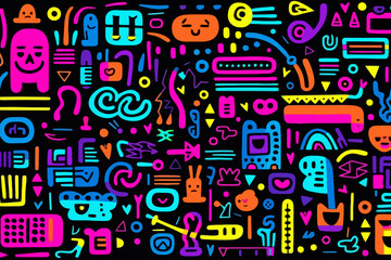 Neon colors quirky doodle pattern, wallpaper, background, cartoon, vector, whimsical Illustration