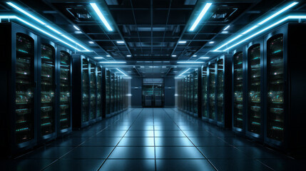 Fototapeta premium A bank of servers hums away, their blinking lights illuminating the room 