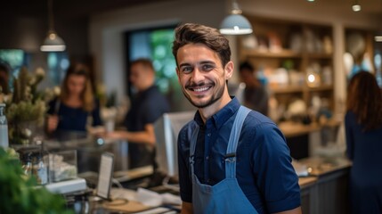 Cheerful barista enjoying the buzz in a lively cafe and retail shop - obrazy, fototapety, plakaty