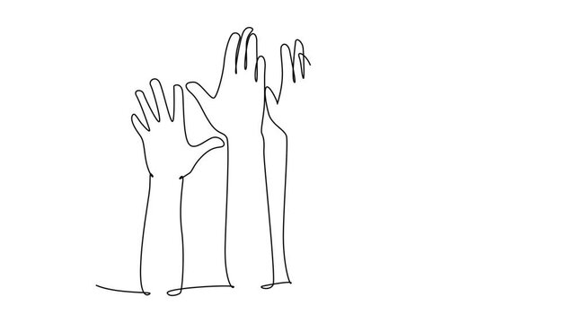 Animated self drawing of continuous line draw group of people or human open up and raising their hands up into the air. Business team work and collaboration concept. Full length single line animation