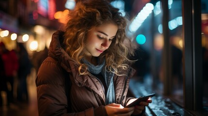 Woman at Night Using Her Cell Phone