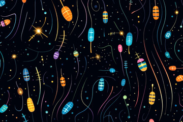 Firefly light trails quirky doodle pattern, wallpaper, background, cartoon, vector, whimsical Illustration