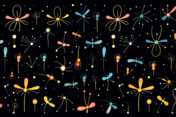 Firefly light trails quirky doodle pattern, wallpaper, background, cartoon, vector, whimsical Illustration