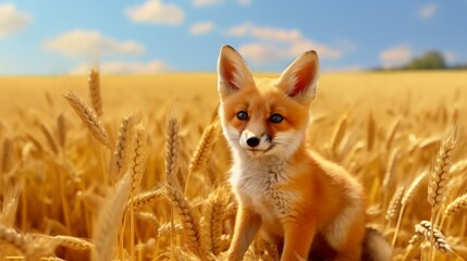 Adorable Red Fox Kit Playing in Golden Wheat Field