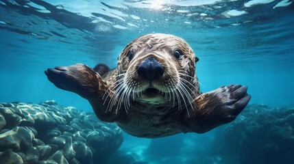 Fototapeta premium Content sea otter on blue background