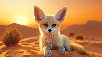 Curious fennec fox on desert dune - obrazy, fototapety, plakaty
