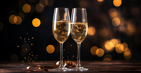Happy New Year 2024! Two glasses with champagne, ash and serpentine bokeh on a dark background - obrazy, fototapety, plakaty