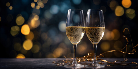 Happy New Year 2024! Two glasses with champagne, ash and serpentine bokeh on a dark background - obrazy, fototapety, plakaty