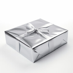 box covered with silver shipping paper, shiny, closed, with a folding fold, gift box, white background, generative AI