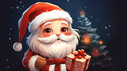 Cute Santa Claus Christmas illustration design. Cartoon, xmas, old man, winter, vector-like, Generative AI
