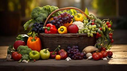 A basket of freshly picked fruits and vegetables, sitting in a farmer's market