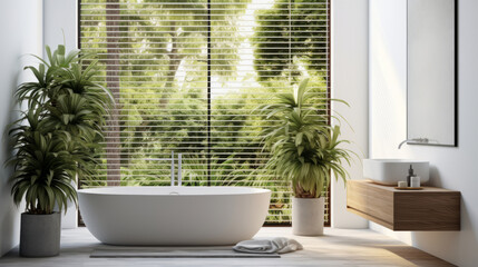 Modern bathroom interior design. Minimalist white open air bathroom with plants