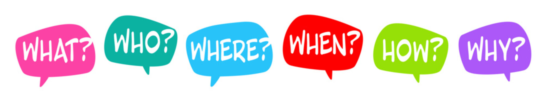 6 questions speech bubble set: what?, who?, where, when?, how? and why?