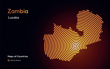 Abstract gold map of Zambia with circle lines. identifying its capital city, Lusaka African set. Spiral fingerprint series