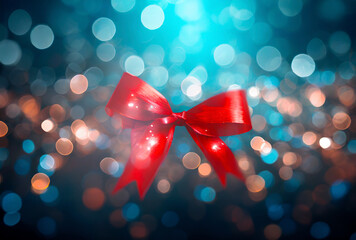 Gift package with red bow and luminous bokeh background. Copy space for text.