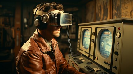 Man Wearing Virtual Reality Glasses in the 70s