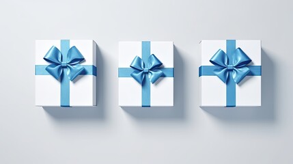 White gift box with blue bow on white background. view from the top, copy space. Ai generative