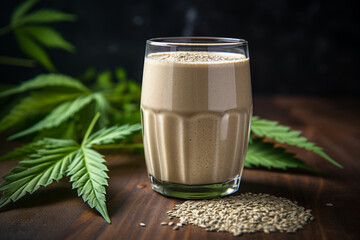 A hemp-based protein shake in a glass, underlining its use as a plant-based protein source for...