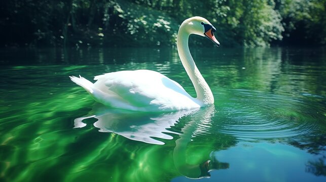 Graceful Swan Swimming in Emerald Green Water