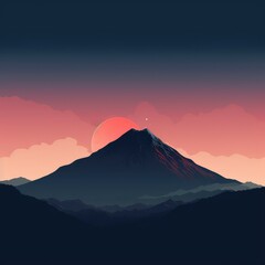 Illustration of beautiful dark mountain landscape with fog and forest. sunrise and sunset in mountains. Silhouette mountain