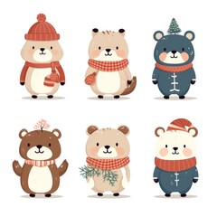 Lot d'Animaux de Noël Mignons : Illustrations Vectorielles pour Enfants sur Fond Blanc