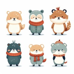 Naklejka premium Lot d'Animaux de Noël Mignons : Illustrations Vectorielles pour Enfants sur Fond Blanc