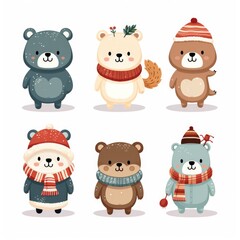 Fototapeta premium Lot d'Animaux de Noël Mignons : Illustrations Vectorielles pour Enfants sur Fond Blanc