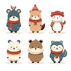 Naklejka premium Lot d'Animaux de Noël Mignons : Illustrations Vectorielles pour Enfants sur Fond Blanc