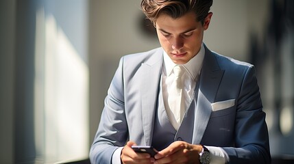 A close-up portrait of a young businessman looking at the phone screen. Trading on the stock exchange, marketing, business development