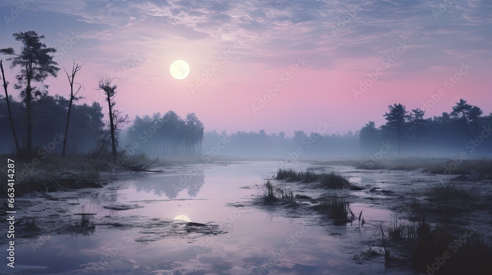 Poster the sun is setting over a marshy area with trees. generative ai