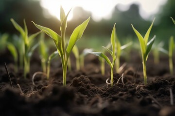 Closeup of thriving corn seedlings in the field. Generative AI