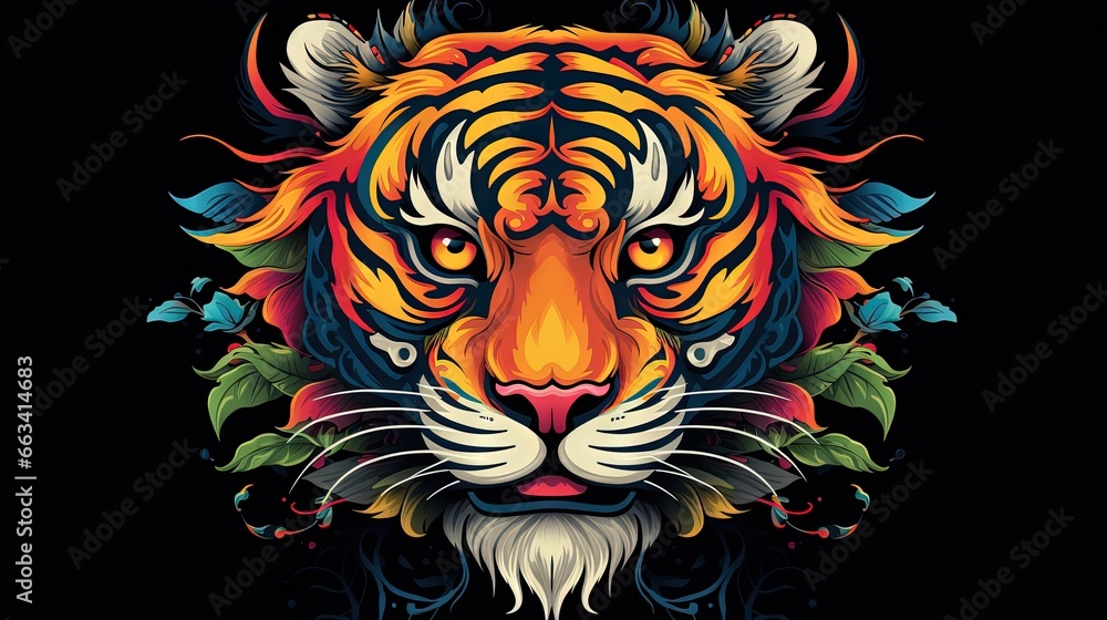 Poster a colorful tiger's head with a black background and a pattern of leaves. generative ai