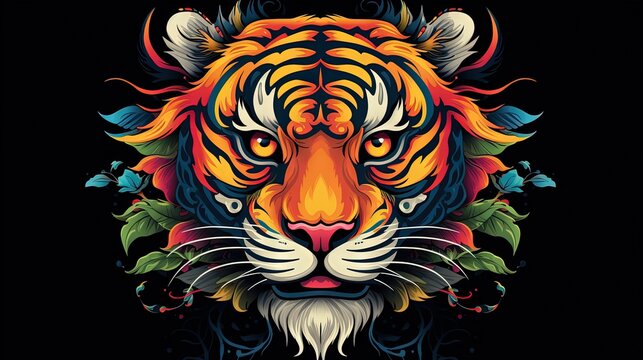  a colorful tiger's head with a black background and a pattern of leaves.  generative ai