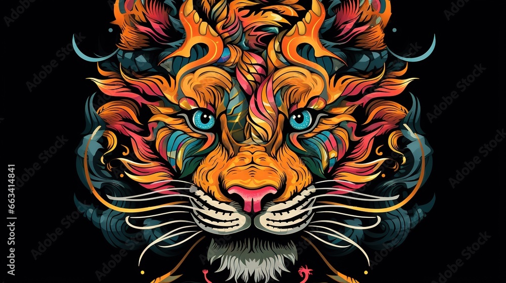 Poster a tiger's head with a colorful pattern on it. generative ai