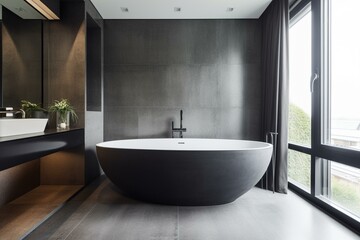 Fototapeta na wymiar Contemporary bathroom with a grey bathtub. Generative AI