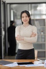 Happy smile asian woman standing in office, Asian woman, online business woman.