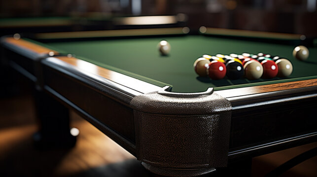 A billiard table, with the balls racked up in the corner