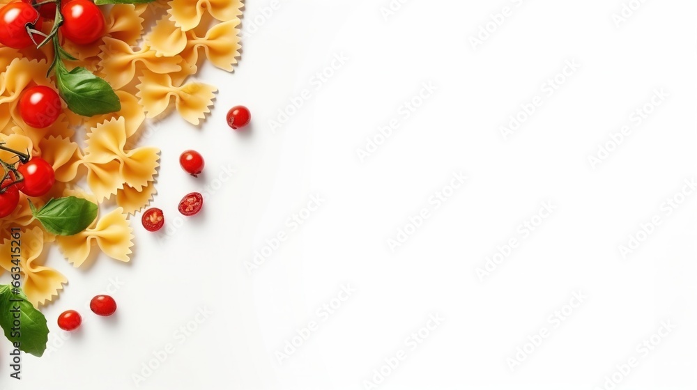 Poster pasta with cherry tomatoes and basil on a white background with copy space. generative ai