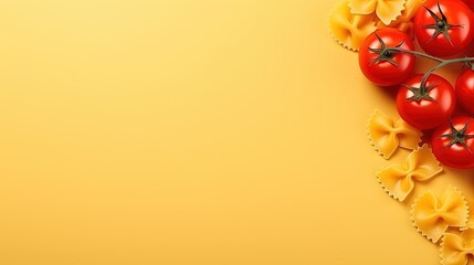  a bunch of tomatoes and pasta on a yellow background with a place for text.  generative ai